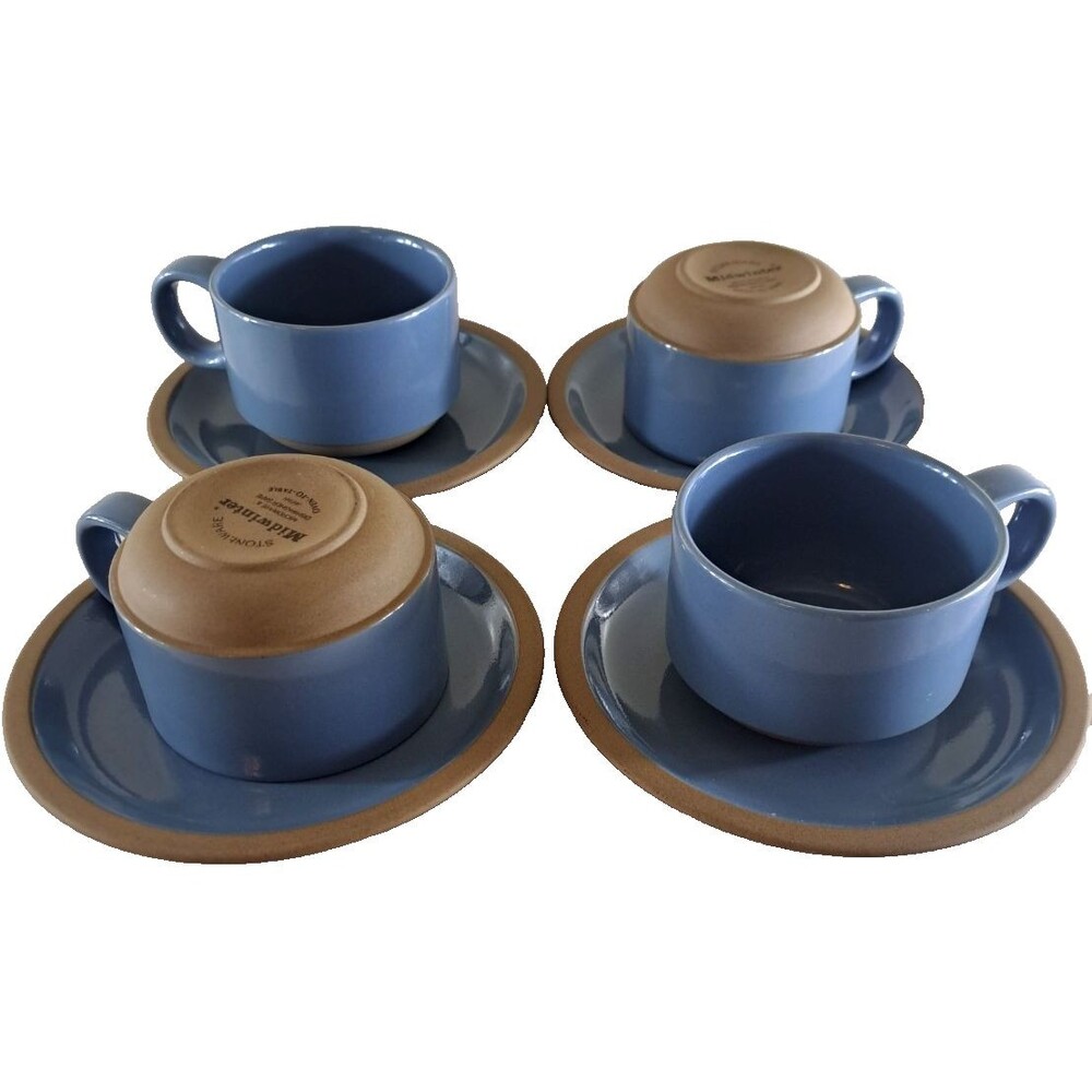 Midwinter Bluestone Tea Coffee Cups & Saucers Set Of 8 Blue Tan Stoneware Japan